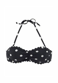 Zwarte bikini top met stippenpatroon, voorzien van geschulpte randen, verstelbare strikbandjes en geplooide stofdetails. Heeft een patroon van witte stippen.