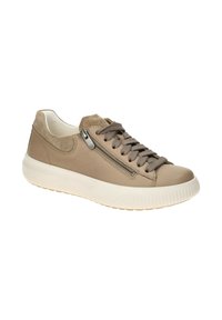 Beige Leder-Sneaker mit Wildlederakzenten, Schnürung vorne, seitlichem Reißverschluss und einer dicken weißen Sohle mit strukturierten Details.