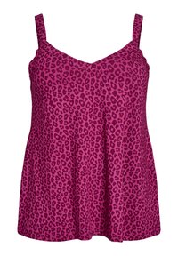 Magenta Tanktop mit dünnen Trägern und V-Ausschnitt. Hat ein Leopardenmuster, besteht aus weichem Material und hat einen lässigen Schnitt.