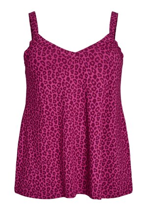 Magenta toppi ohuilla olkaimilla ja V-pääntiellä. Siinä on leopardikuosiset printit, ja se on valmistettu pehmeästä materiaalista, jossa on löysä malli.