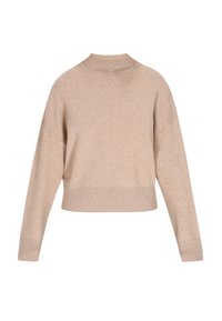 Beige gestrickter Pullover mit hohem Kragen, fallenden Schultern und gerippten Bündchen und Saum. Verfügt über eine lockere, cropped Passform für Komfort.