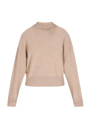 Béžový pletený svetr s vysokým výstřihem, spadlými rameny a vroubkovanými manžetami a lemem. Má uvolněný, zkrácený střih pro pohodlí.