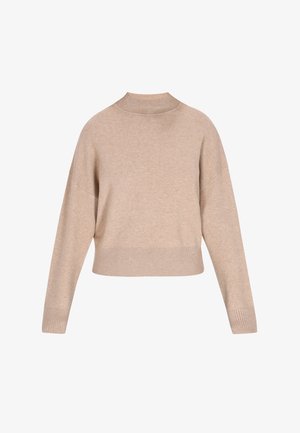 Béžový pletený svetr s vysokým výstřihem, spadlými rameny a vroubkovanými manžetami a lemem. Má uvolněný, zkrácený střih pro pohodlí.