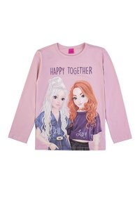 Camisetta a maniche lunghe rosa con due personaggi illustrati dai lunghi capelli, la scritta "FELICI INSIEME" e stili di abbigliamento vari. Materiale in cotone morbido.