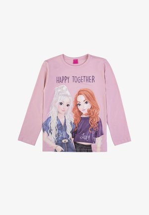 Long-sleeve pink shirt featuring two illustrated characters with long hair, text "HAPPY TOGETHER," and varied clothing styles. Soft cotton material.