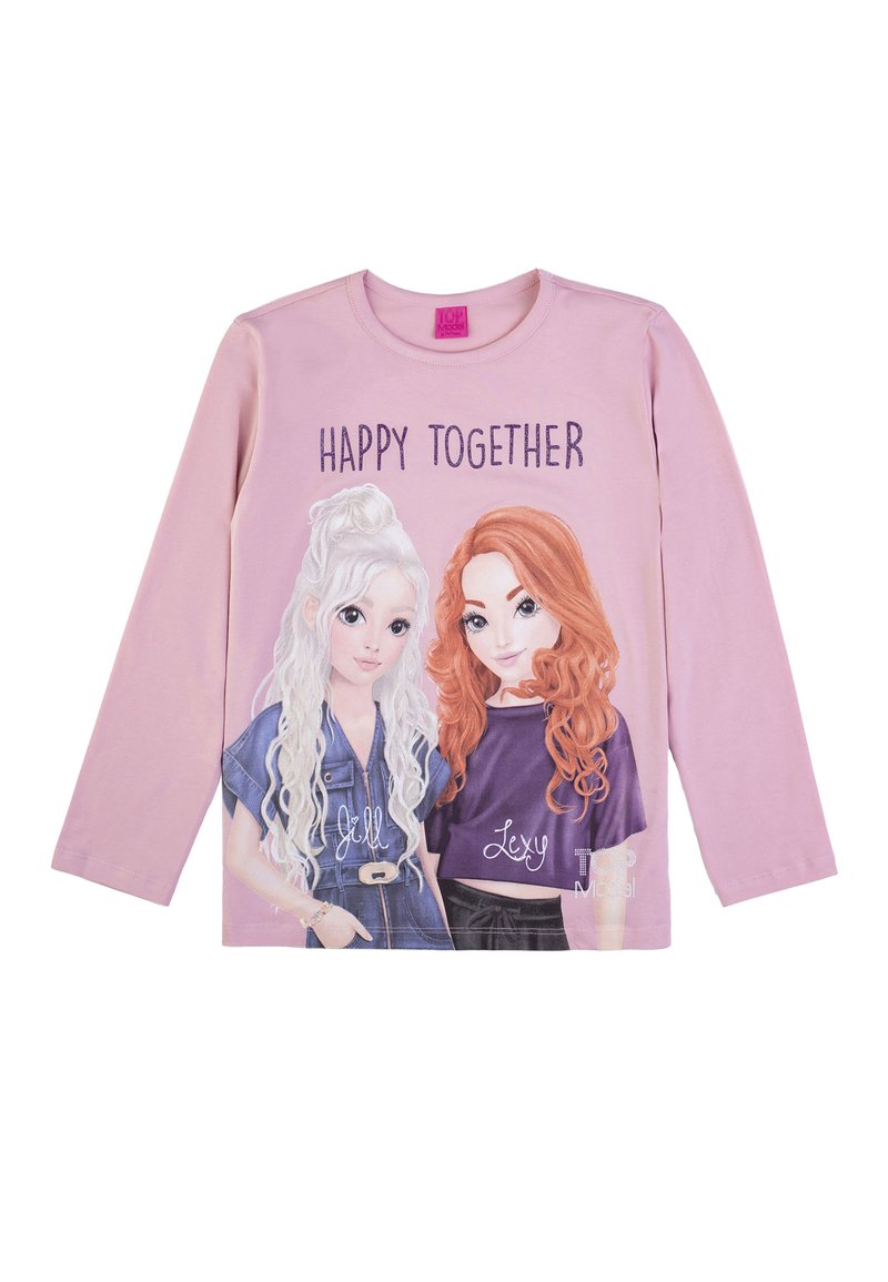 Camisetta a maniche lunghe rosa con due personaggi illustrati dai lunghi capelli, la scritta "FELICI INSIEME" e stili di abbigliamento vari. Materiale in cotone morbido.