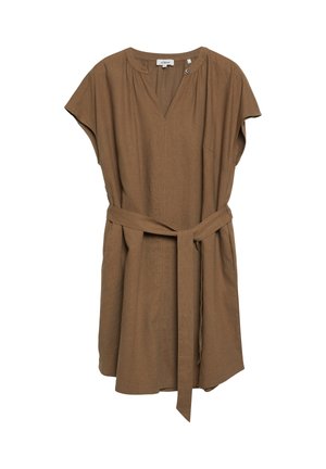 Braunes kurzes Kleid mit Gürtel, V-Ausschnitt und gerafftem Kragen, aus leichtem Stoff.