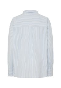 Kék-fehér csíkos, gombos ing gallérral és hosszú ujjakkal, laza szabással és finom textúrával. Hátulnézet.