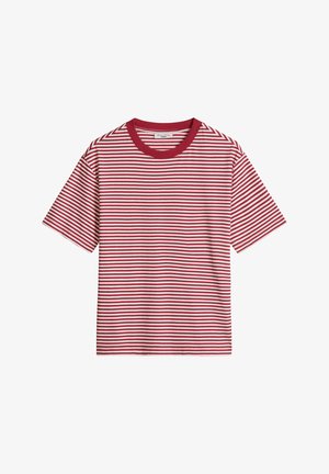Kurzärmeliges T-Shirt mit dünnen roten und weißen horizontalen Streifen und einem einfarbigen roten Rundhalsausschnitt.