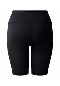 Schwarze Sportshorts mit einer enganliegenden Passform, glatter Textur und einer Länge bis zur Mitte des Oberschenkels. Sie haben einen breiten Bund und keine sichtbaren Muster.