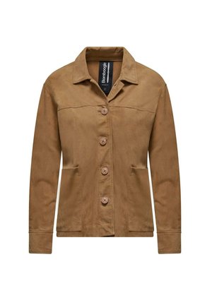 Giacca in suede marrone con colletto, chiusura frontale con bottoni, due tasche laterali e maniche lunghe. Presenta un design semplice e pulito.
