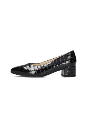 Schwarze Lackleder-Blockabsatzschuhe mit einer spitzen Zehe, die ein strukturiertes Krokodilmuster auf dem Obermaterial und eine glatte Sohle aufweisen.