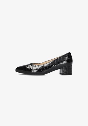Black patent leather block-heel shoe with a pointed toe, featuring a textured crocodile pattern on the upper and a smooth base.