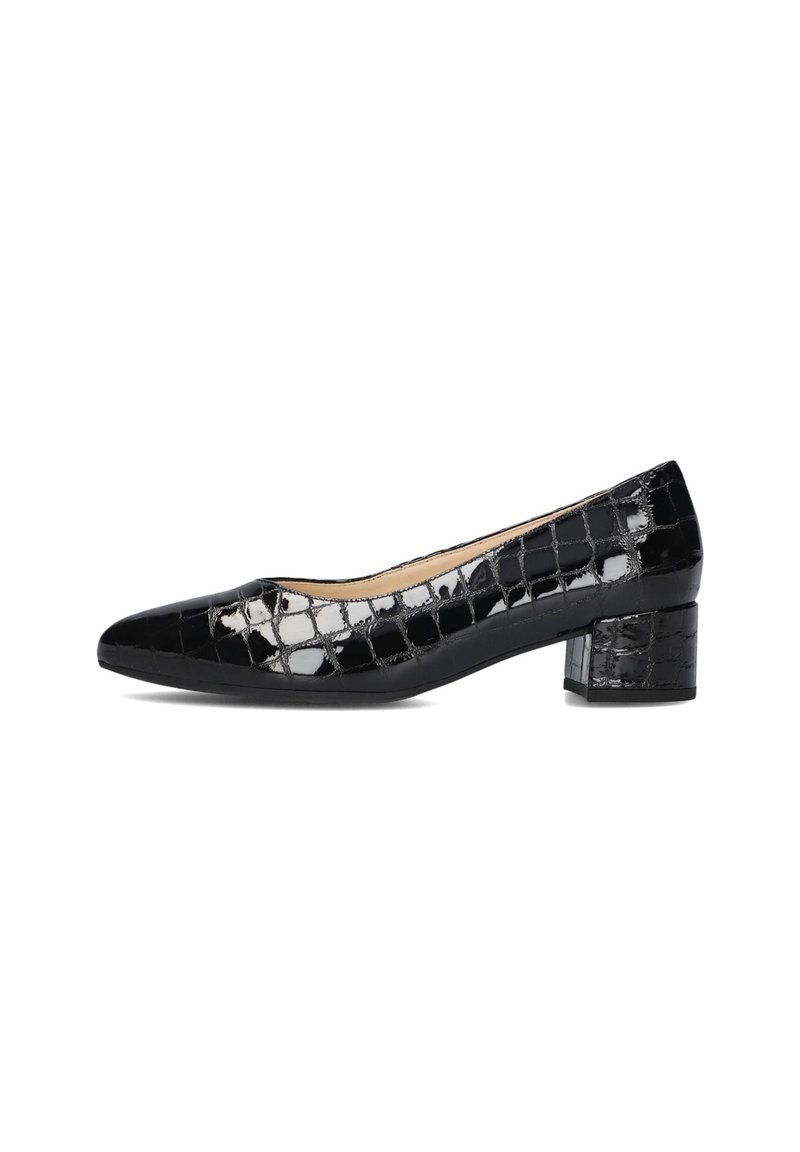 Black patent leather block-heel shoe with a pointed toe, featuring a textured crocodile pattern on the upper and a smooth base.