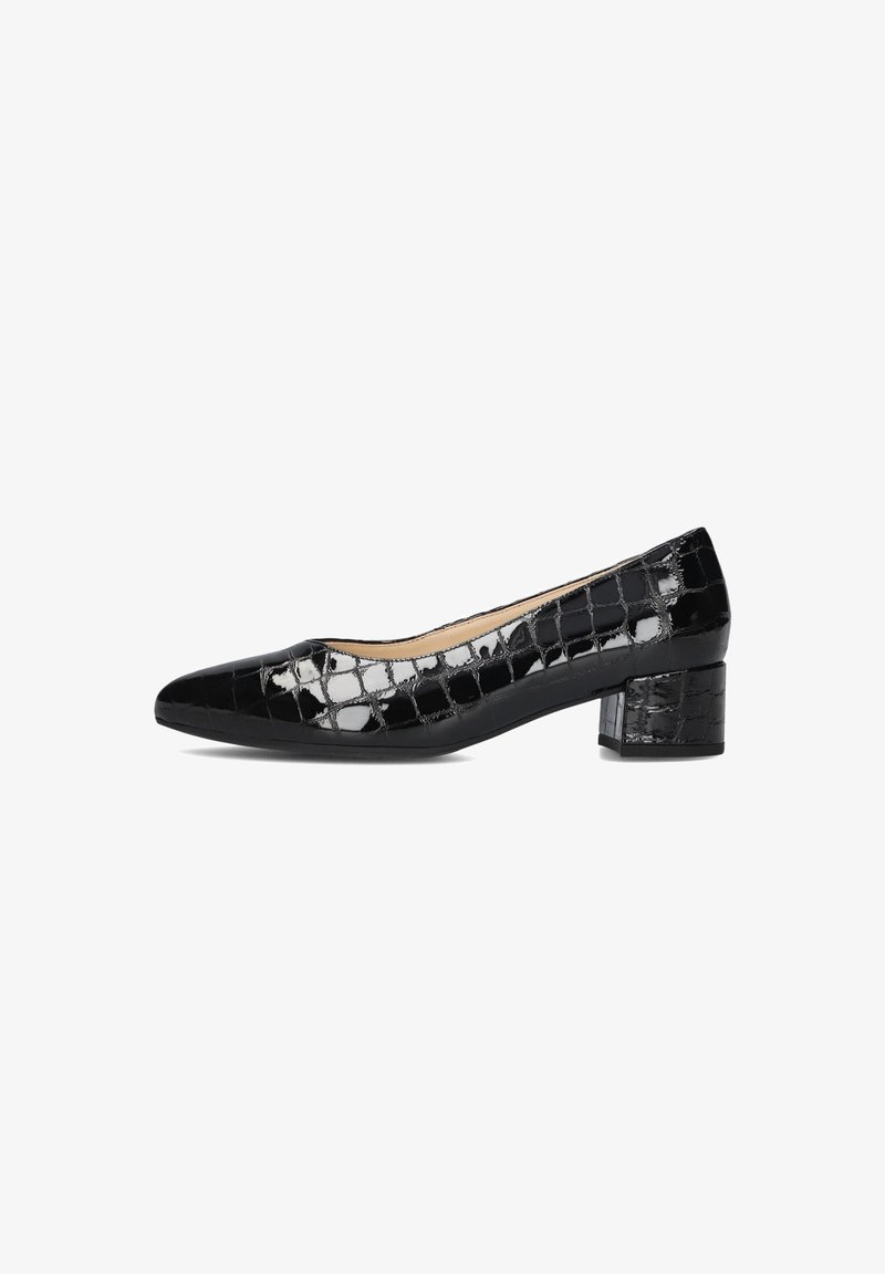 Black patent leather block-heel shoe with a pointed toe, featuring a textured crocodile pattern on the upper and a smooth base.