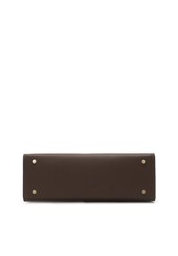 Brown leather clutch with a smooth texture, rectangular shape, and gold-tone hardware accents at the base corners.