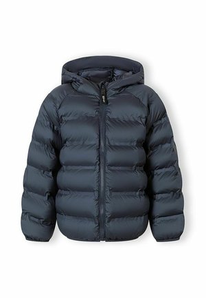 Granatowa pikowana kurtka z kapturem, zapinana na zamek z przodu i wyposażona w elastyczne mankiety, zaprojektowana z myślą o ciepłe i noszeniu na zewnątrz.