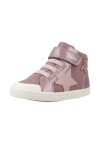 Sneaker alta rosa per bambini con decorazioni a forma di stella, cinturino in Velcro con l'etichetta "GEOX", e suola bianca testurizzata con motivi a stella.