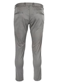 Graue Hose aus glattem Stoff mit Gesäßtaschen, maßgeschneiderter Passform und geradem Bein.
