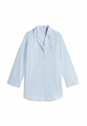 Lyseblå langærmet skjorte med hvide striber, knaplukning foran, hakket krave og lille logo på venstre bryst.