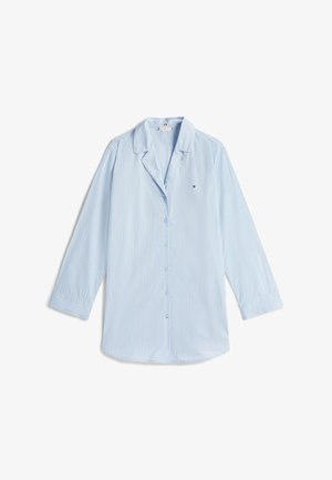 Lyseblå langærmet skjorte med hvide striber, knaplukning foran, hakket krave og lille logo på venstre bryst.
