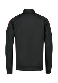 Zwarte jas met een hoge kraag, lange mouwen en contrasterende rode accenten op de schouders. Glad materiaal met een getailleerd ontwerp.