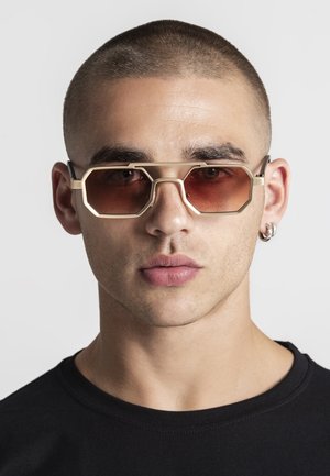 Ung mand med tætbarberet hår iført geometriske solbriller med guldramme, brune linser og en sort crewneck-t-shirt.