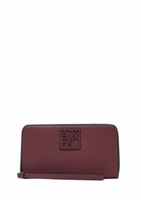 Portafoglio a polso rettangolare in pelle bordeaux con logo Armani Exchange in rilievo e cinturino sottile attaché.