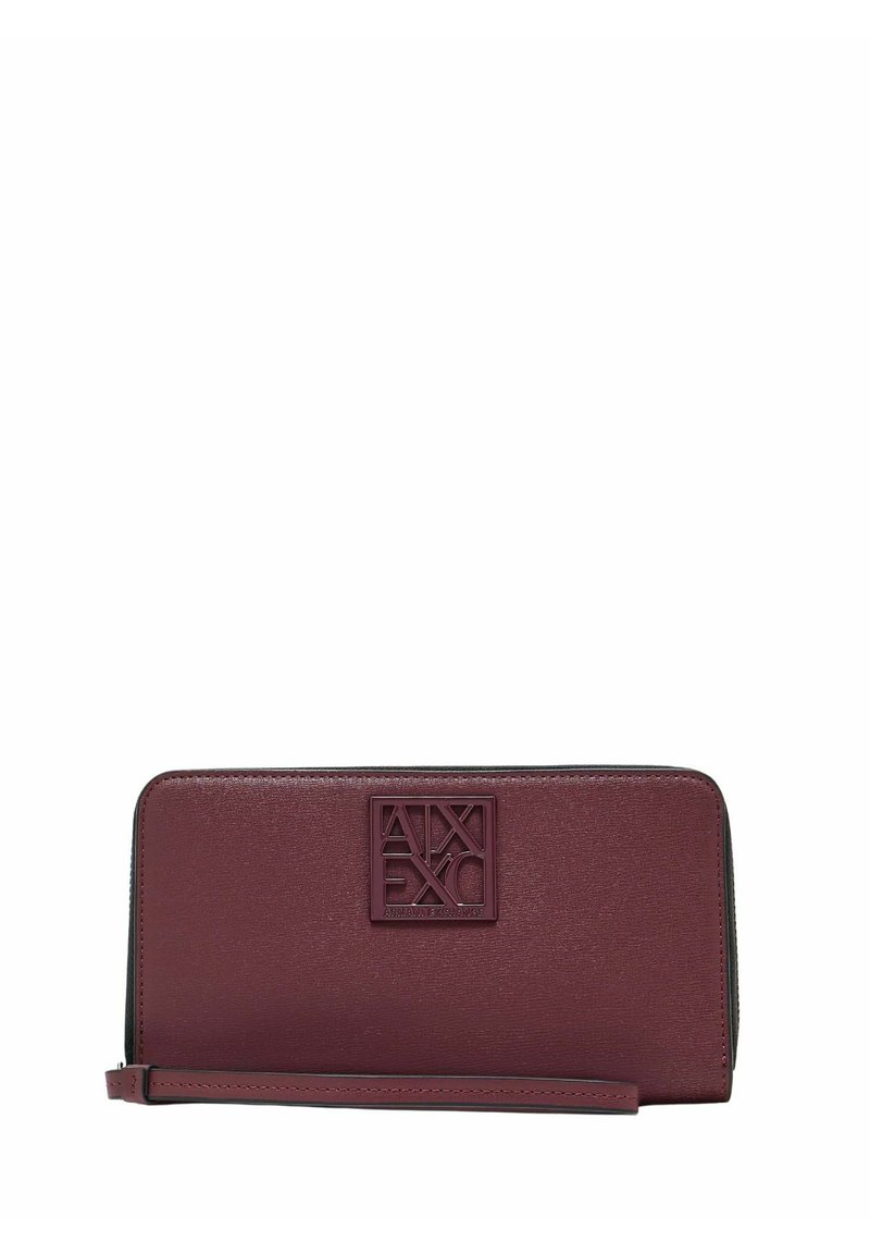 Portafoglio a polso rettangolare in pelle bordeaux con logo Armani Exchange in rilievo e cinturino sottile attaché.