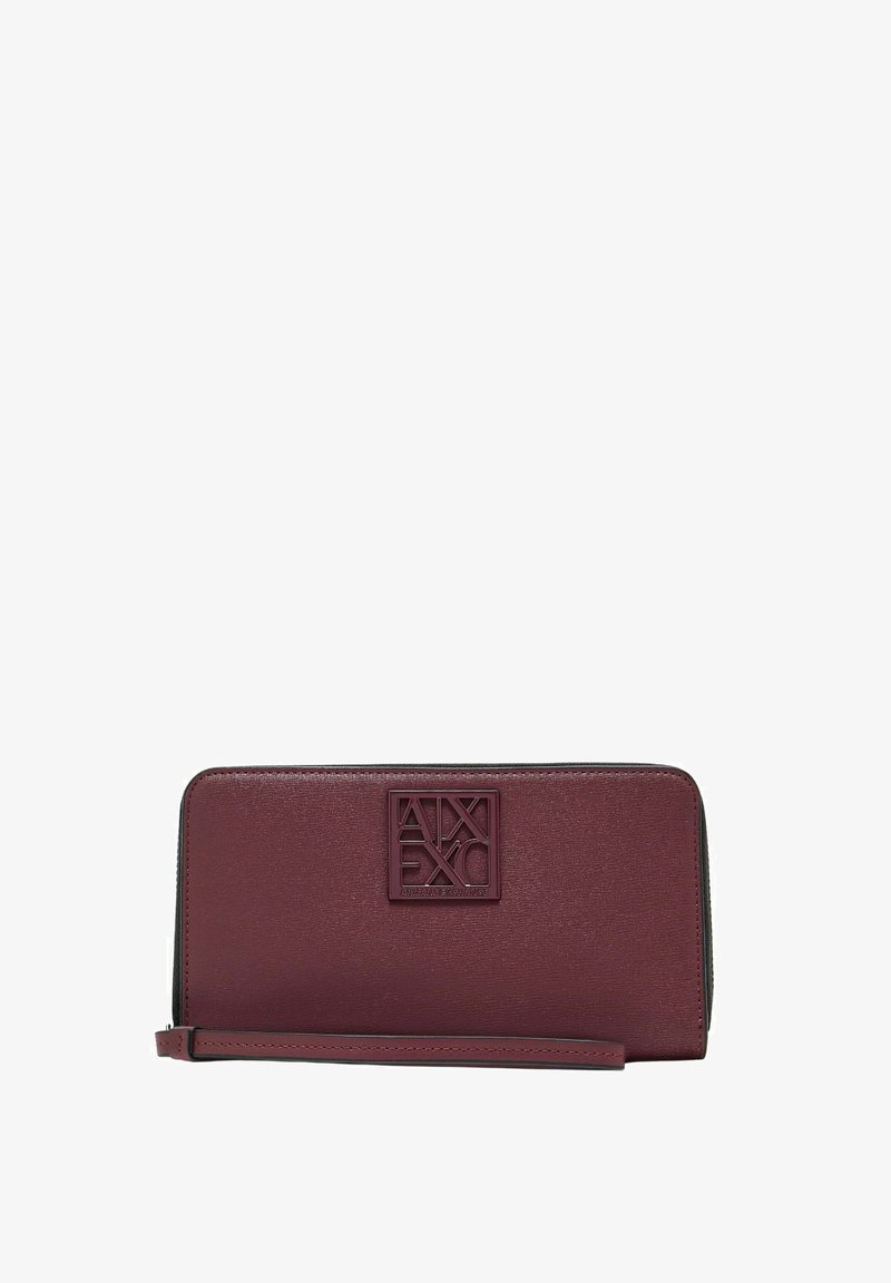 Portafoglio a polso rettangolare in pelle bordeaux con logo Armani Exchange in rilievo e cinturino sottile attaché.