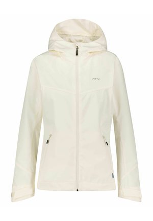 White softshell jacket with a hood, front zipper, two zippered side pockets, and contrasting stitching. Features a logo on the upper left side.