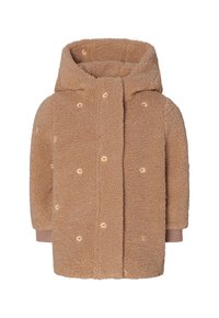 Beige Teddybär-Mantel mit Kapuze und kleinen weißen und orangen gestickten Gänseblümchenmustern, mit gerippten Bündchen an den Ärmeln.