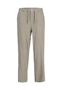 Pantalones a rayas grises claros con un corte relajado, cintura con cordón y tobillos acampanados. Hechos de una tela suave con detalles de micro rayas verticales.