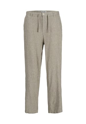 Pantalones a rayas grises claros con un corte relajado, cintura con cordón y tobillos acampanados. Hechos de una tela suave con detalles de micro rayas verticales.