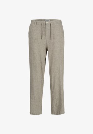 Light gray striped trousers with a relaxed fit, drawstring waist, and cuffed ankles. Made from soft fabric with vertical pinstripe detailing.