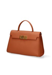 Borsa in pelle arancione con design strutturato, manico superiore e una chiusura in tono oro con un motivo geometrico. Superficie testurizzata.