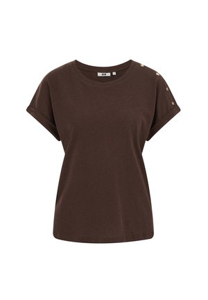 Barna rövid ujjú pamut ing kerek nyakkivágással, felhajtott mandzsettákkal és három gombbal a bal vállon díszítésként.