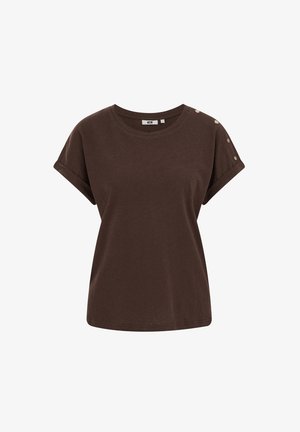 Barna rövid ujjú pamut ing kerek nyakkivágással, felhajtott mandzsettákkal és három gombbal a bal vállon díszítésként.