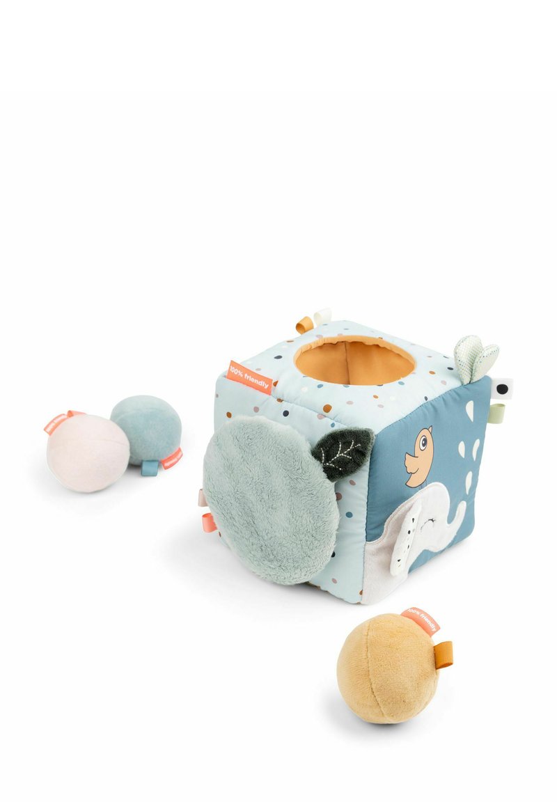 Soft fabric activity cube in pastel colors with a fish design, textured leaves, and a circular opening; includes two plush balls.