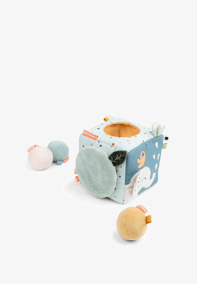 Soft fabric activity cube in pastel colors with a fish design, textured leaves, and a circular opening; includes two plush balls.