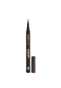 Penna eyeliner marrone con punta fine, forma cilindrica e finitura opaca. L'etichetta include i dettagli del prodotto in chiaro testo bianco. Il tappo è di un marrone scuro.