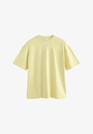 Kurzer Ärmel, Rundhals-T-Shirt aus weichem, leichtem Stoff in hellem Gelb. Legere, entspannte Passform mit einer glatten Textur.