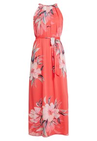 Robe maxi corail en tissu léger avec un col halter. Présente un grand imprimé floral et une ceinture assortie à la taille.