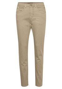 Pantalones de algodón beige con un corte ajustado, que cuentan con un cierre de botón y cremallera, cinco bolsillos y detalles de costura sutiles.