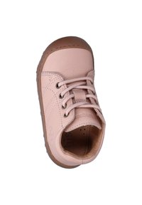 Light pink leather shoe with a rounded toe, brown rubber sole, and lace-up closure. Features stitching details on the upper.