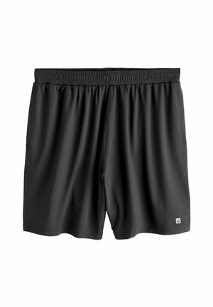 Czarne sportowe szorty z elastycznym pasem, wykonane z gładkiego, lekkiego materiału, z małym logo na dolnej przedniej części.