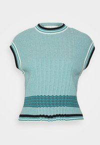 Top senza maniche in maglia con motivi a zigzag e righe in blu chiaro, teal, nero e bianco, bordo a coste e scollatura a girocollo a righe.