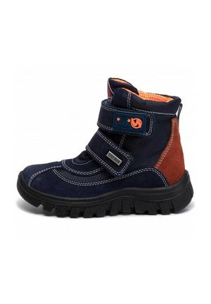 Stivali invernali per bambini di colore blu navy e arancione, con suola nera resistente e due cinturini in Velcro regolabili per una vestibilità sicura.