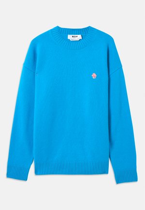 Pull en tricot bleu avec des poignets et un ourlet côtelés. Présente un logo de rose rose brodé sur le devant. Encolure ronde et coupe décontractée.