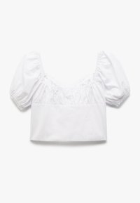 Weißes cropped Blusenshirt mit Puffärmeln, gerafftem Stoff am Halsausschnitt und an den Ärmeln, aus weicher Baumwolle, mit geradem Saum.